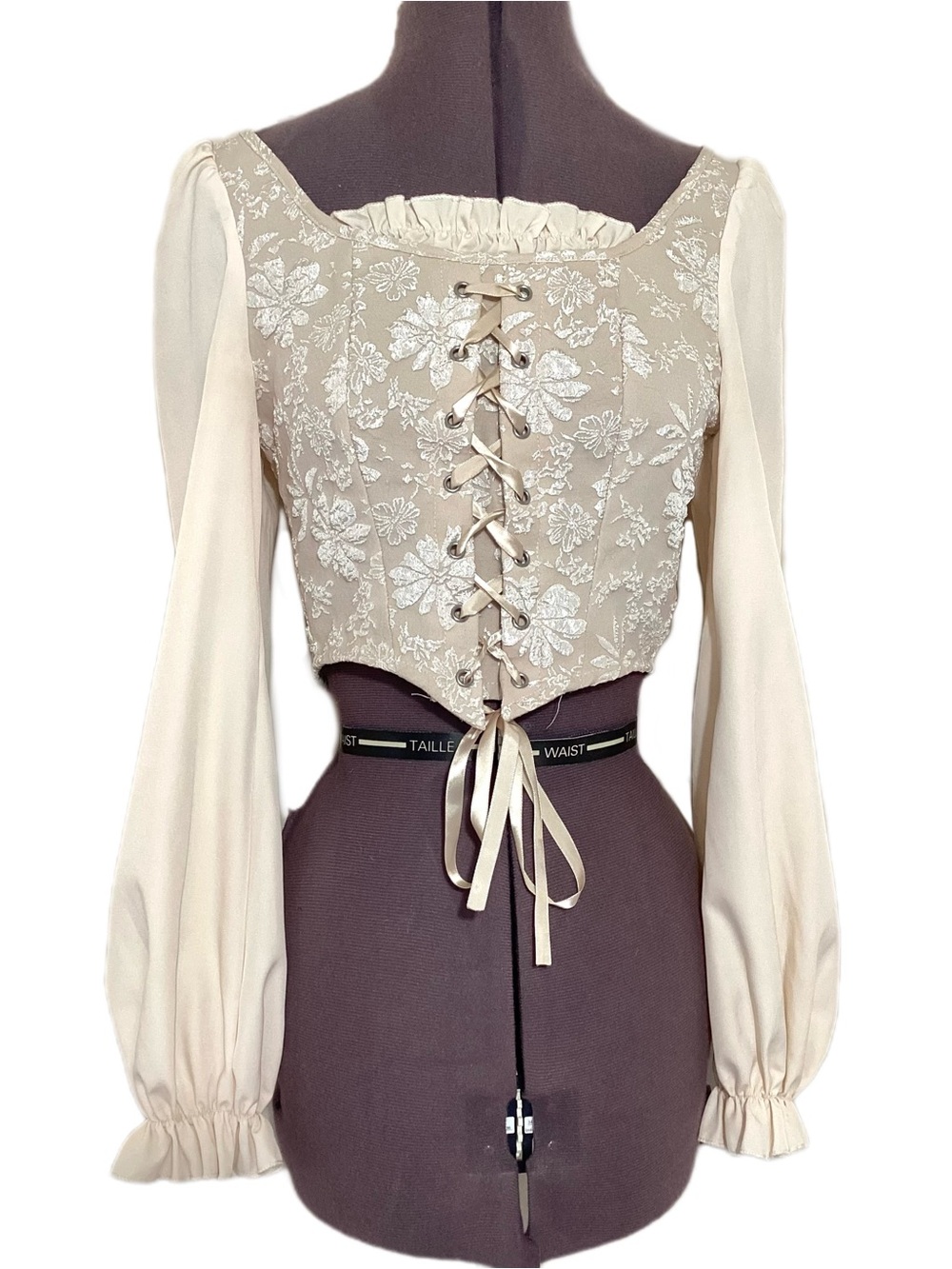 Corseted Lace Up Embroidered Blouse Top XS/S